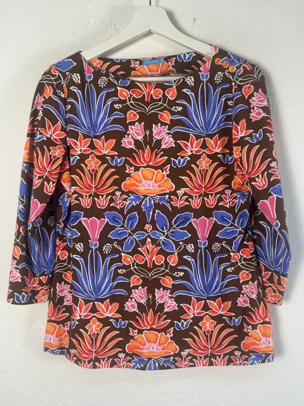 J. McLaughlin Womens Wavesong Tee Brown Floral Top Medium 3/4 Sleeve Stretch